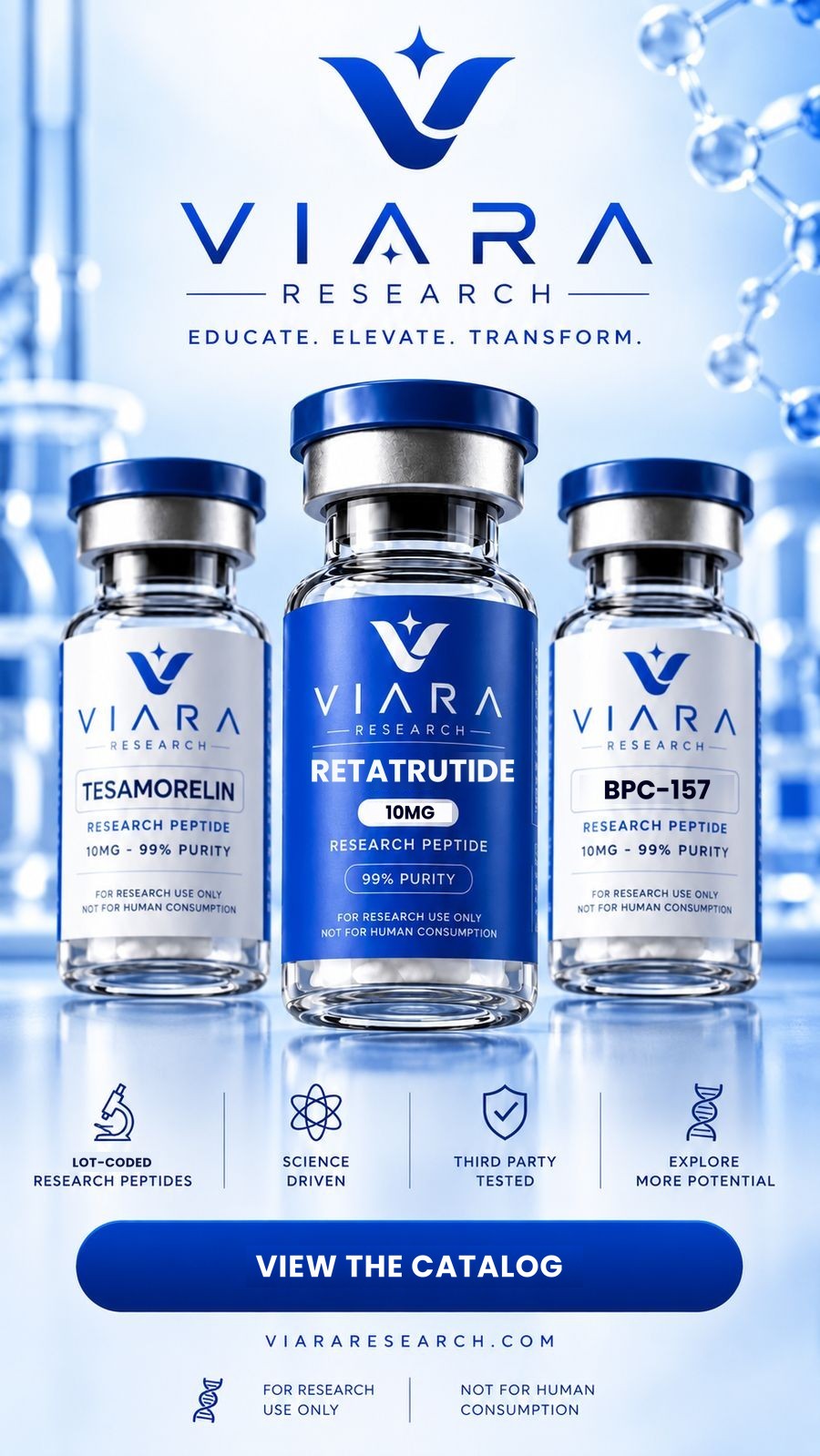 Viara Research laboratory reference material: Tesamorelin 10 mg, Retatrutide 10 mg and BPC-157 10 mg lyophilised vials, purity at or above 99 percent by HPLC, certificate of analysis per lot. For research use only. Not for human or veterinary consumption. Supplied to institutions against a stated research use.