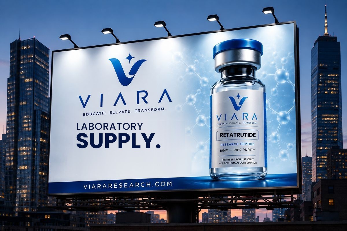 Viara Research Retatrutide laboratory reference material, 10 mg lyophilised vial, purity at or above 99 percent by HPLC. For research use only. Not for human or veterinary consumption. Supplied to institutions against a stated research use.